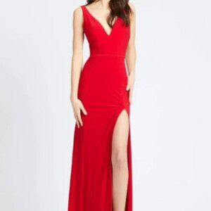 Ieena Mac Duggal Red Deep V-Neck Slit Jersey Gown